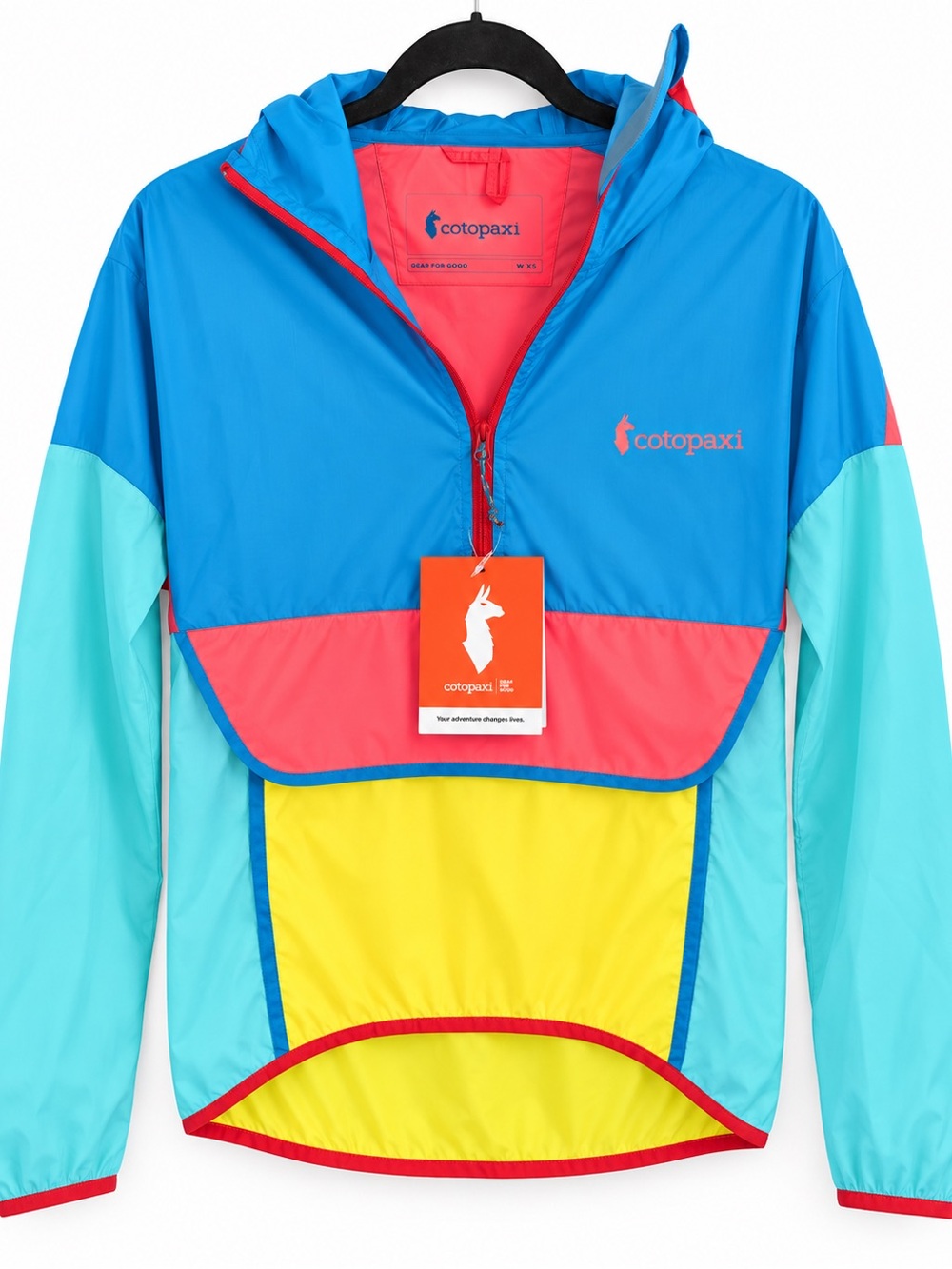 Cotopaxi women’s  Colorblock Hooded Windbreaker - Blue, Coral, Aqua, Yellow